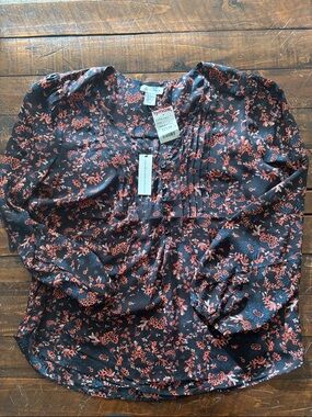 cupcakes & cashmere Black Floral Blouse with Coral Print